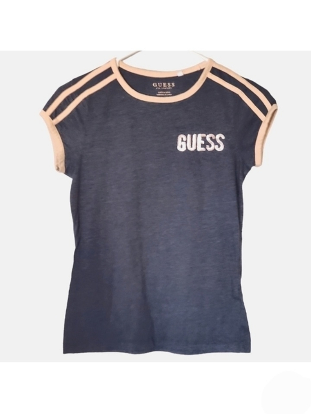 1076 * Guess Sequin Spellout Logo Tee Blue Pink Size S